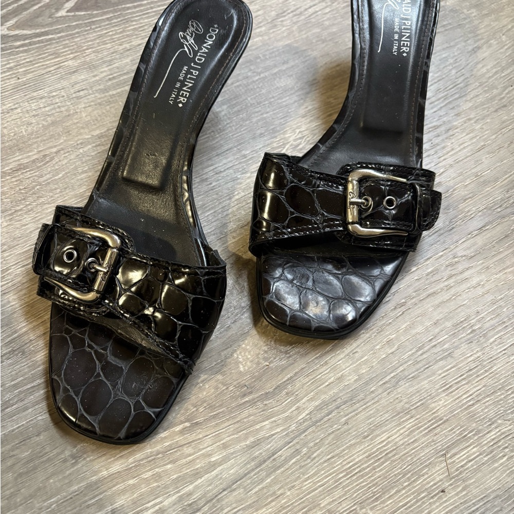 Donald J. Pliner Black Croc-Embossed Buckle Mules